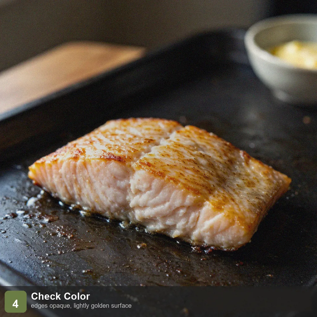 Air fryer low sodium salmon step 4: edges opaque, surface lightly golden