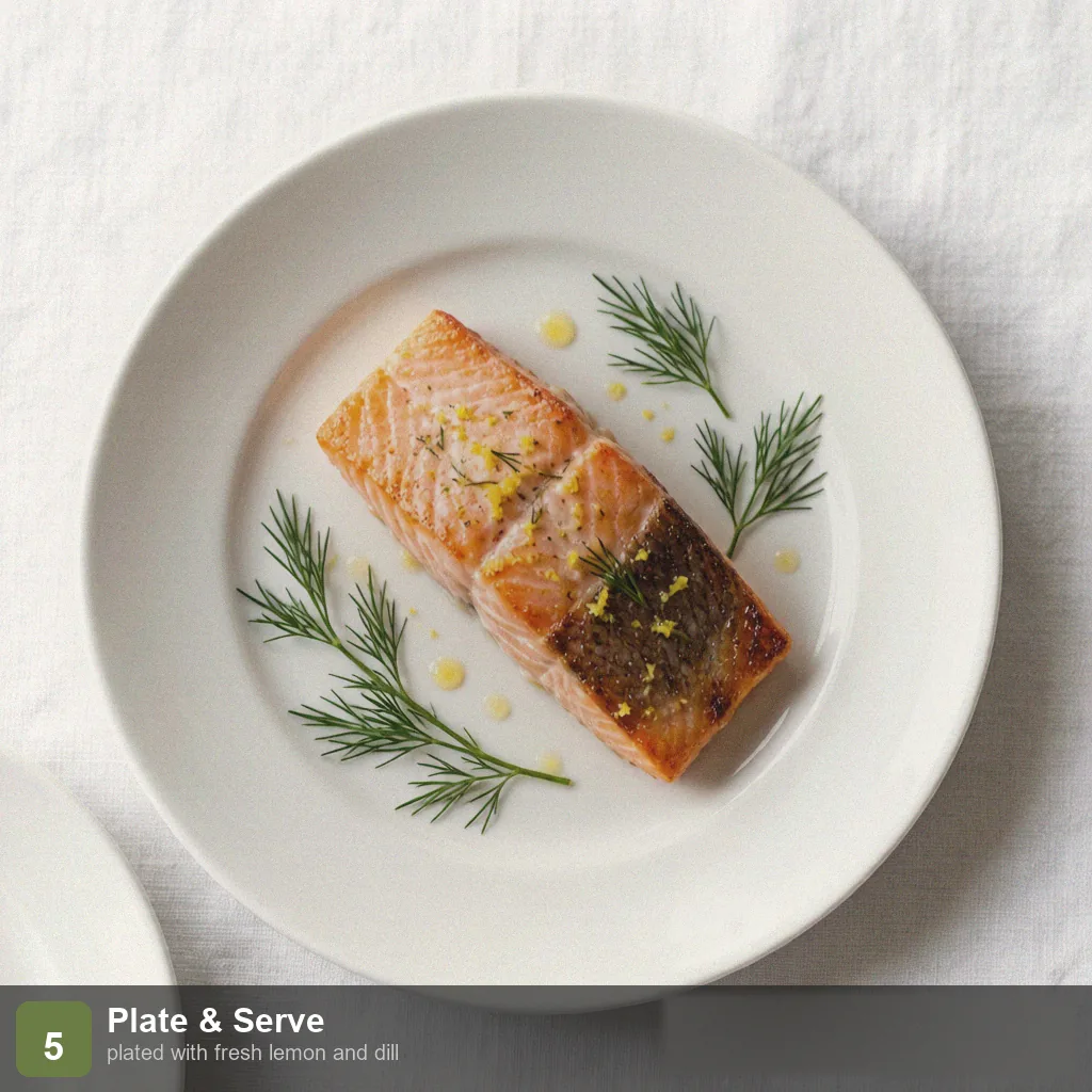 Air fryer low sodium salmon step 5: plated with lemon juice and fresh dill, no salt