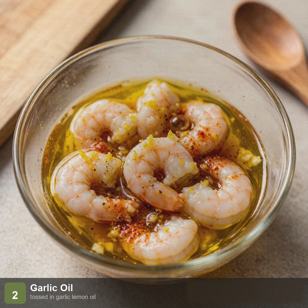 Air fryer low sodium shrimp step 2: tossed in garlic lemon oil, marinating