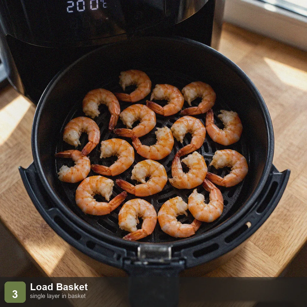 Air fryer low sodium shrimp step 3: single layer in air fryer, no overlap