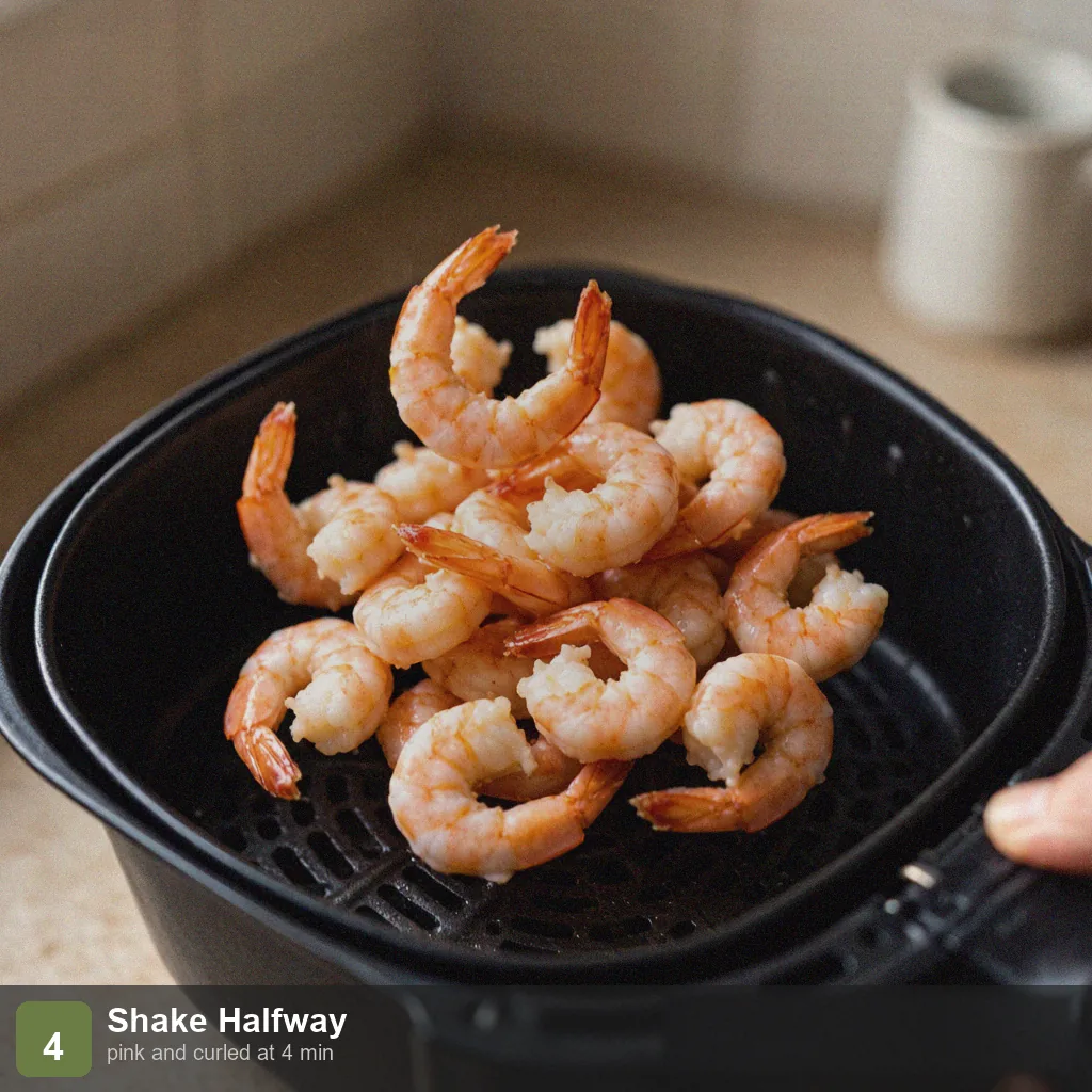 Air fryer low sodium shrimp step 4: shaken at 4 minutes, turning pink