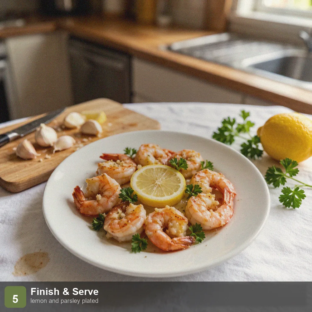 Air fryer low sodium shrimp step 5: plated with lemon and parsley, no salt
