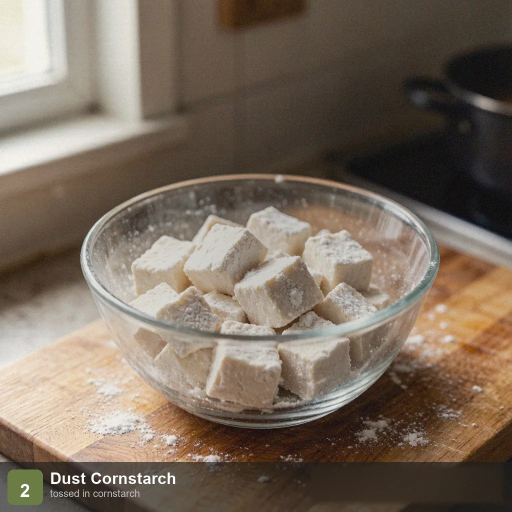 Air fryer low sodium tofu step 2: cubes dusted with cornstarch