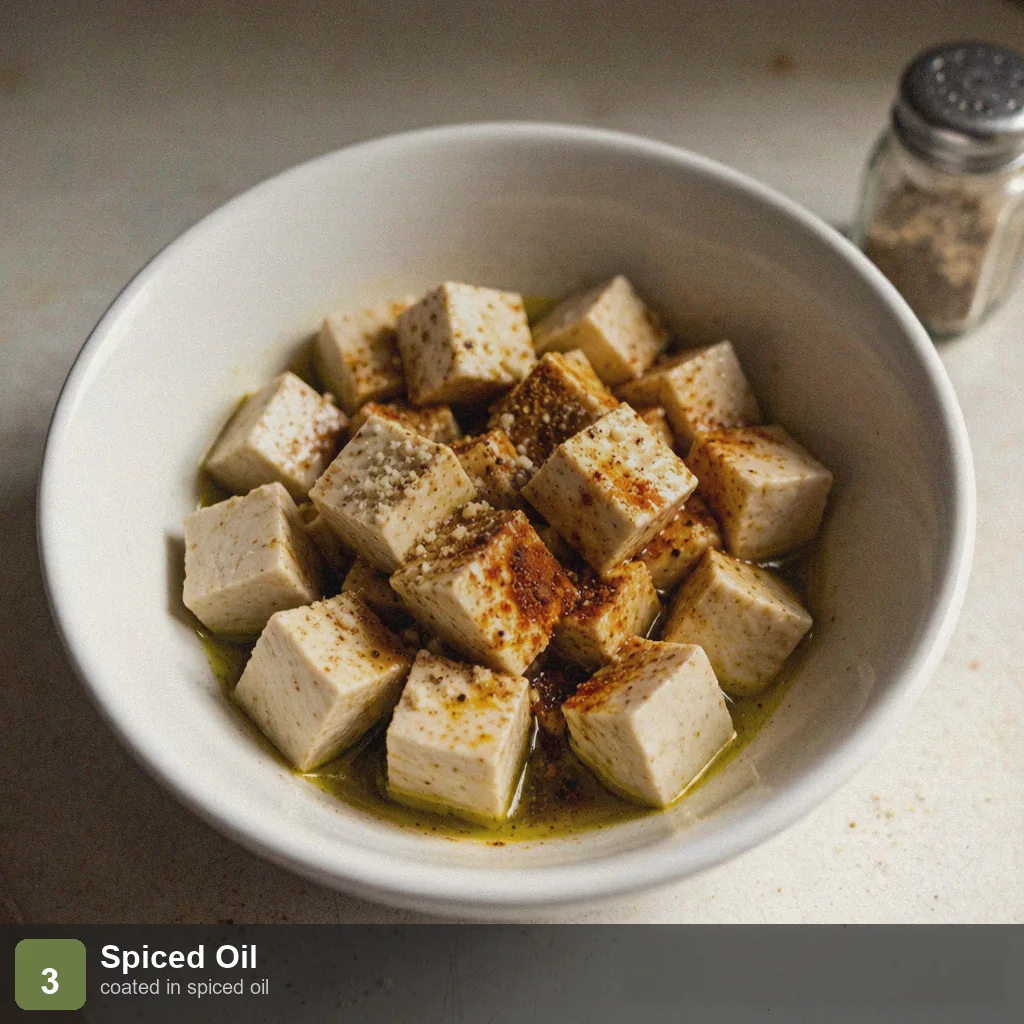 Air fryer low sodium tofu step 3: cubes tossed in spiced olive oil