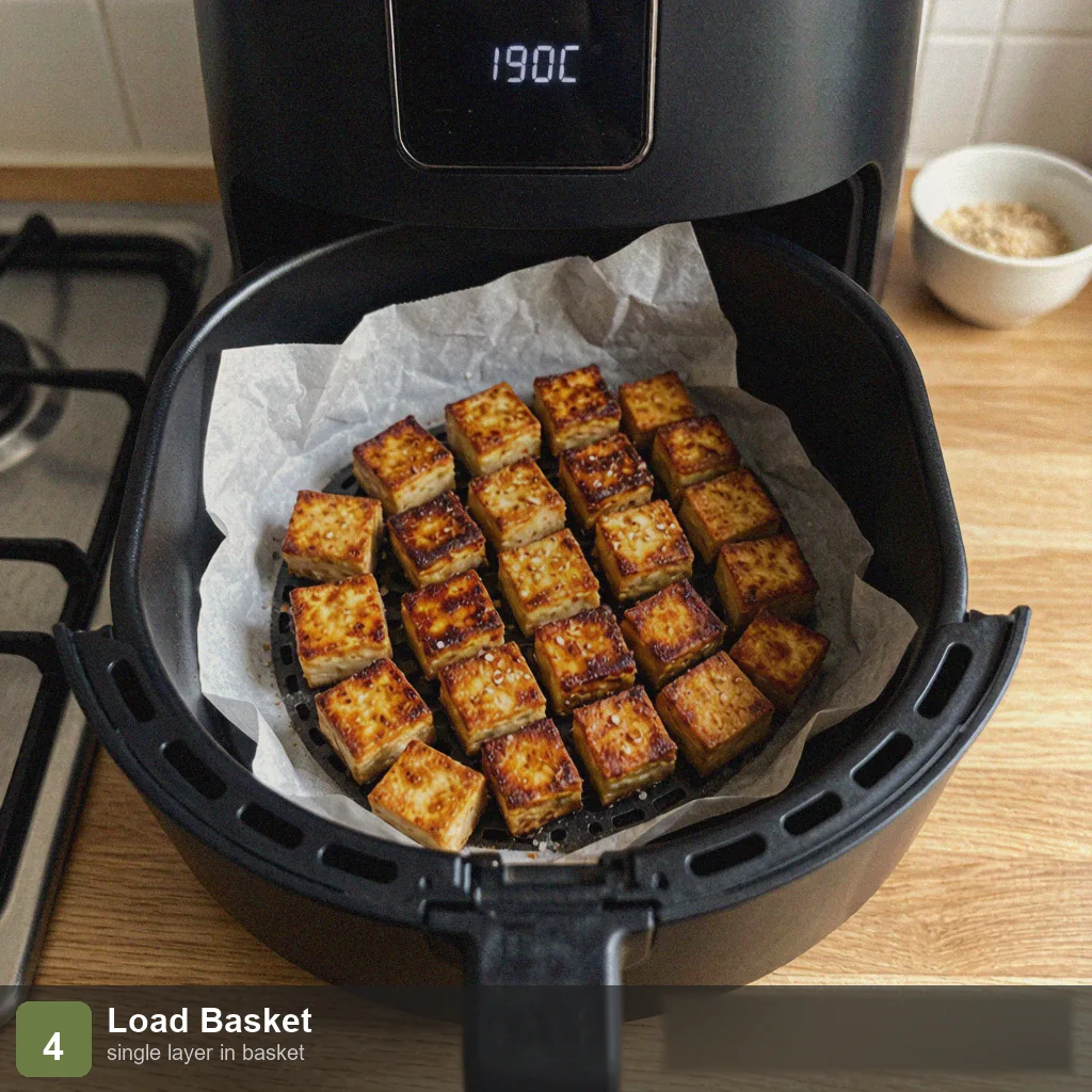 Air fryer low sodium tofu step 4: single layer in air fryer, no overlap