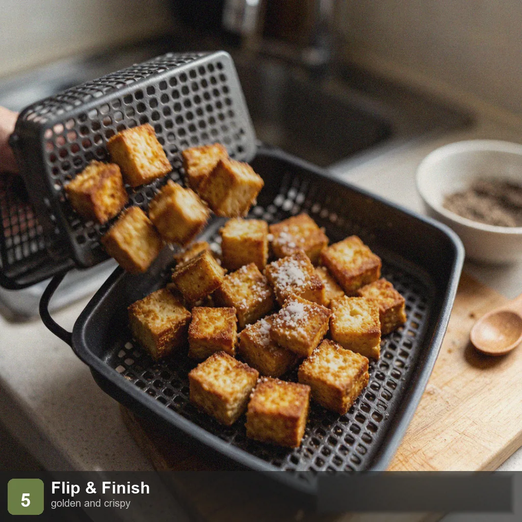 Air fryer low sodium tofu step 5: golden crispy cubes, flipped, no salt