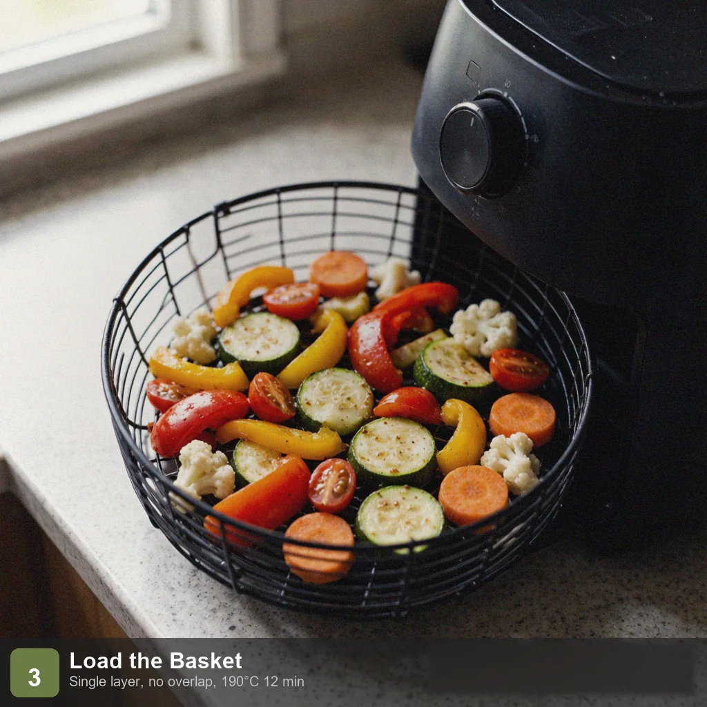 Air fryer low sodium vegetables step 3: vegetables in a single layer in the air fryer basket, no overlap Air fryer low sodium vegetables step 3: single layer in air fryer, no overlap