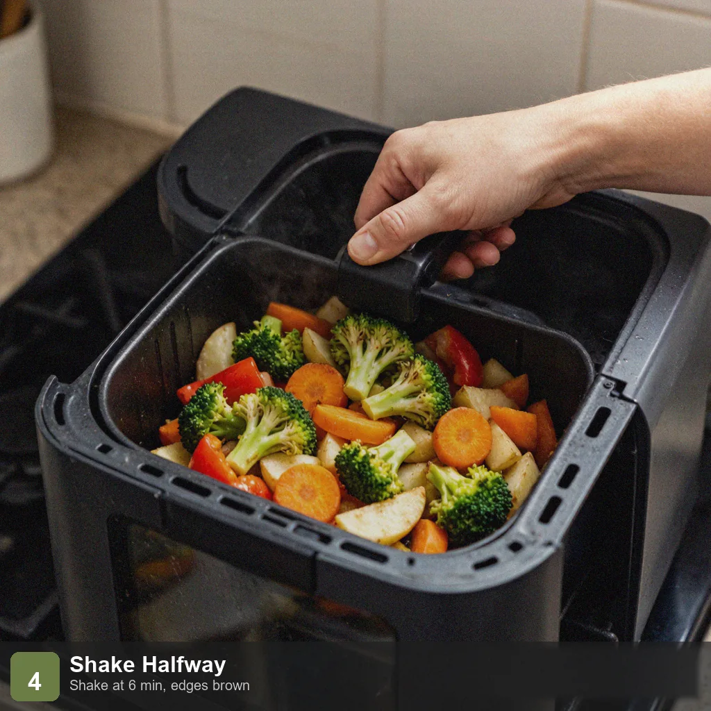 Air fryer low sodium vegetables step 4: shaken at 6 minutes, edges caramelized and lightly browned Air fryer low sodium vegetables step 4: shaken at 6 minutes, edges caramelized