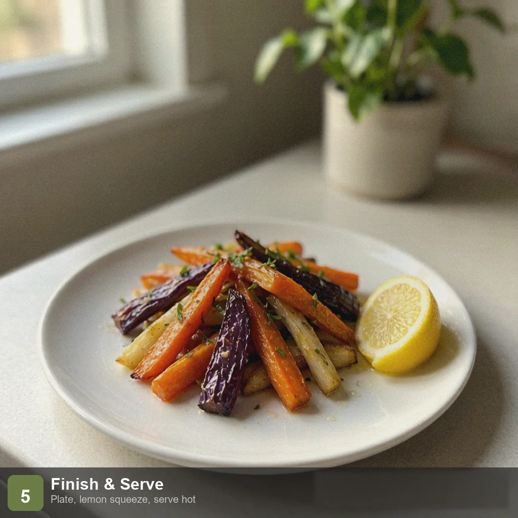 Air fryer low sodium vegetables step 5: plated crispy medley with lemon, no salt added Air fryer low sodium vegetables step 5: plated crispy medley, lemon, no salt
