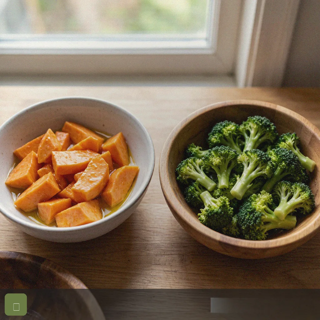 Air fryer meal prep step 3: toss sweet potato and broccoli