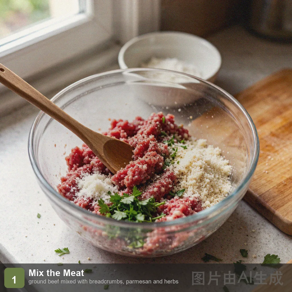 Air fryer meatballs step 1: ground beef mixed with breadcrumbs, parmesan and herbs Air fryer meatballs step 1: ground beef mixed with breadcrumbs, parmesan and herbs
