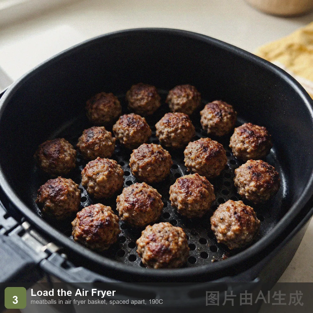 Air fryer meatballs step 3: meatballs in air fryer basket, spaced apart, 190C Air fryer meatballs step 3: meatballs in air fryer basket, spaced apart, 190C