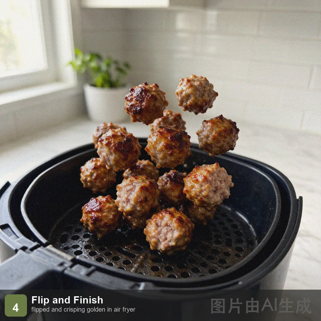 Air fryer meatballs step 4: flipped and crisping golden in air fryer Air fryer meatballs step 4: flipped and crisping golden in air fryer