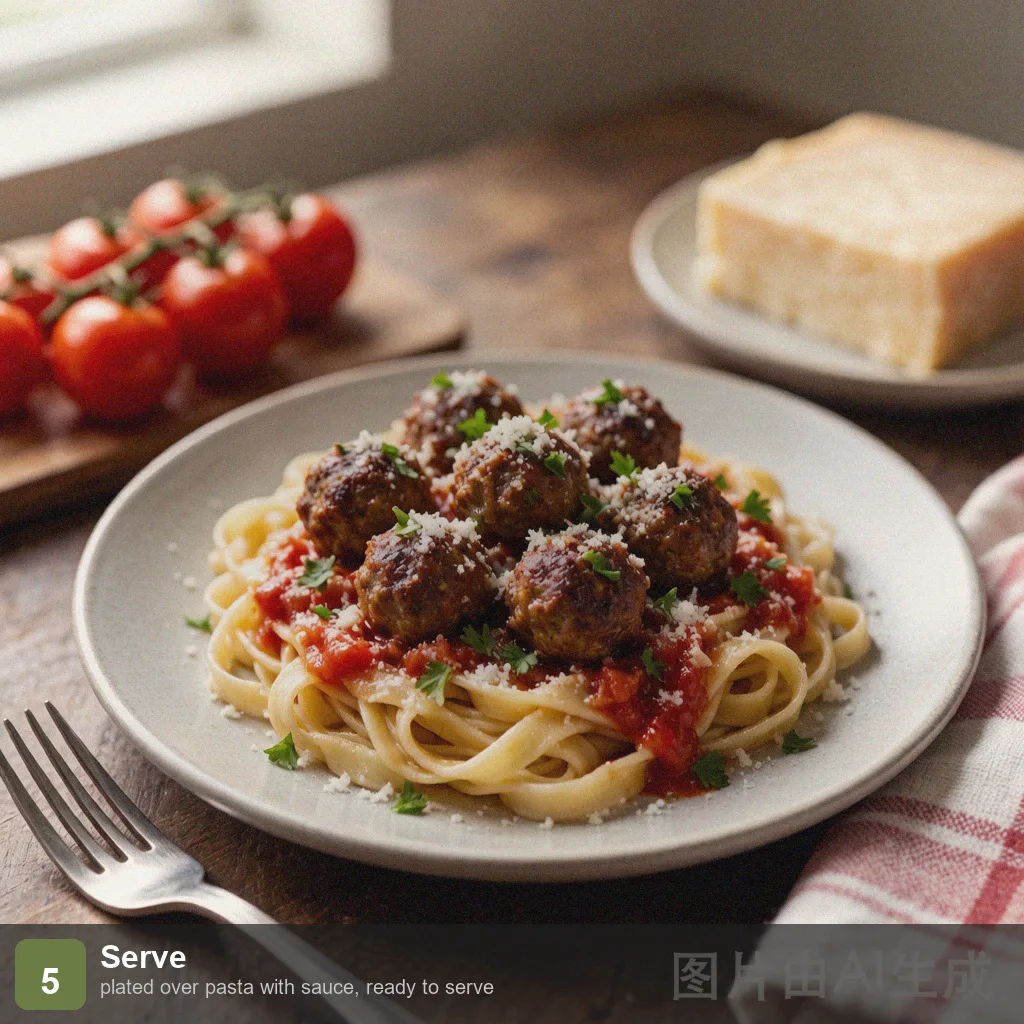 Air fryer meatballs step 5: plated over pasta with sauce, ready to serve Air fryer meatballs step 5: plated over pasta with sauce, ready to serve