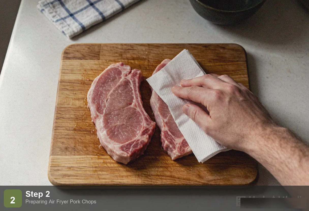 Air fryer pork chops step 2: seasoning paste being rubbed onto raw pork chops, spices and herbs in a small bowl