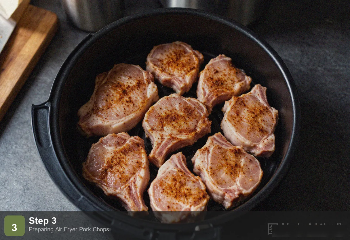 Air fryer pork chops step 3: seasoned pork chops placed in a single layer in the air fryer basket, not touching