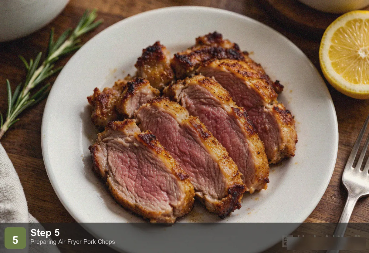 Air fryer pork chops step 5: sliced golden pork chops on a white plate showing juicy pink interior, with rosemary and lemon