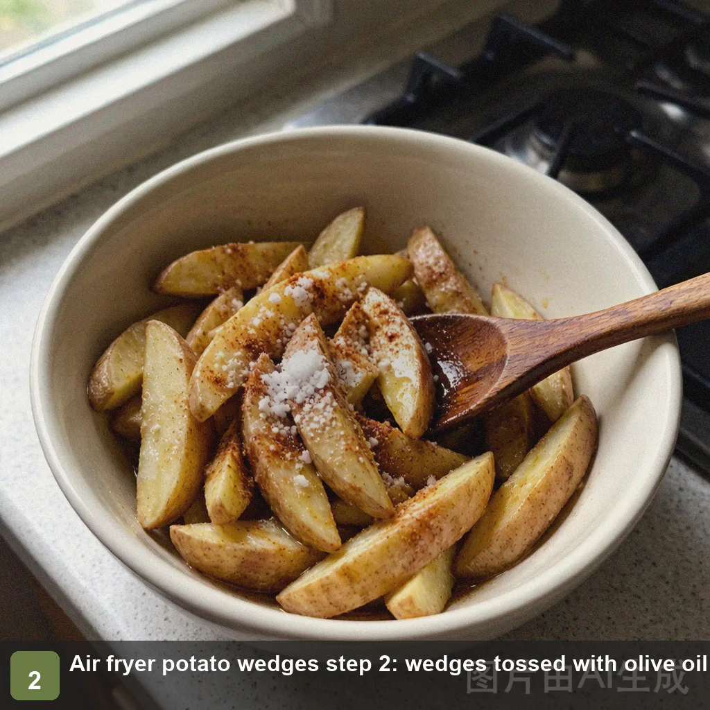 Air fryer potato wedges step 2: wedges tossed with olive oil and spices