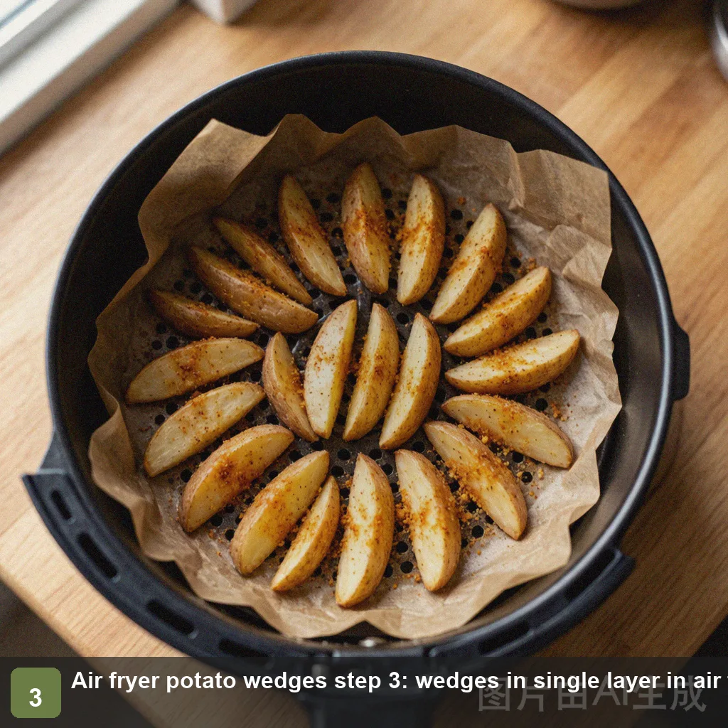 Air fryer potato wedges step 3: wedges in single layer in air fryer basket