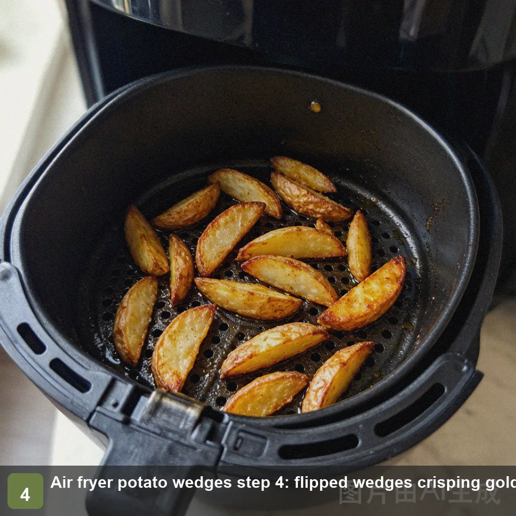 Air fryer potato wedges step 4: flipped wedges crisping golden in air fryer