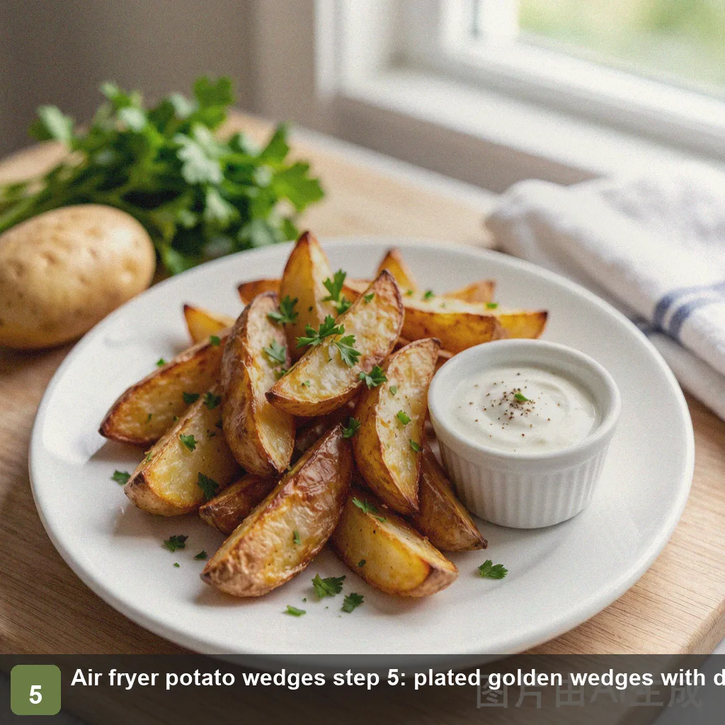 Air fryer potato wedges step 5: plated golden wedges with dip, ready to serve