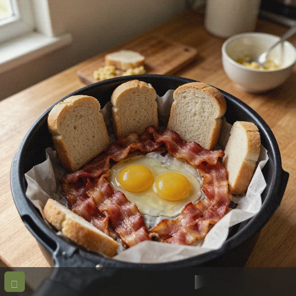Air fryer quick breakfast step 3: crack eggs beside bacon