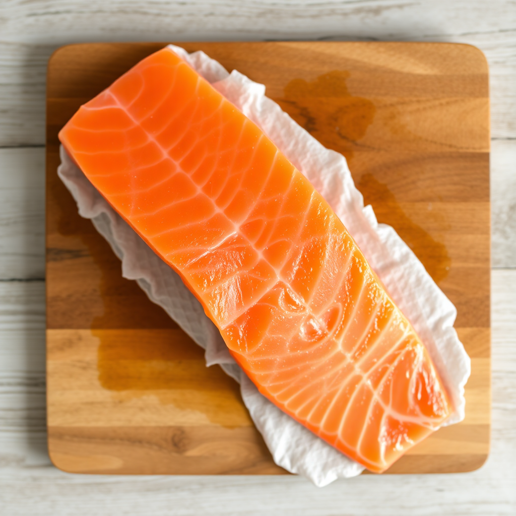Raw salmon on cutting board