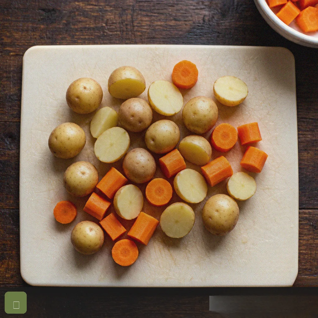 Air fryer sheet pan dinner step 1: chop potatoes and carrots