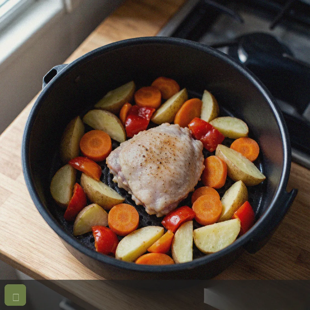 Air fryer sheet pan dinner step 4: sheet pan in air fryer