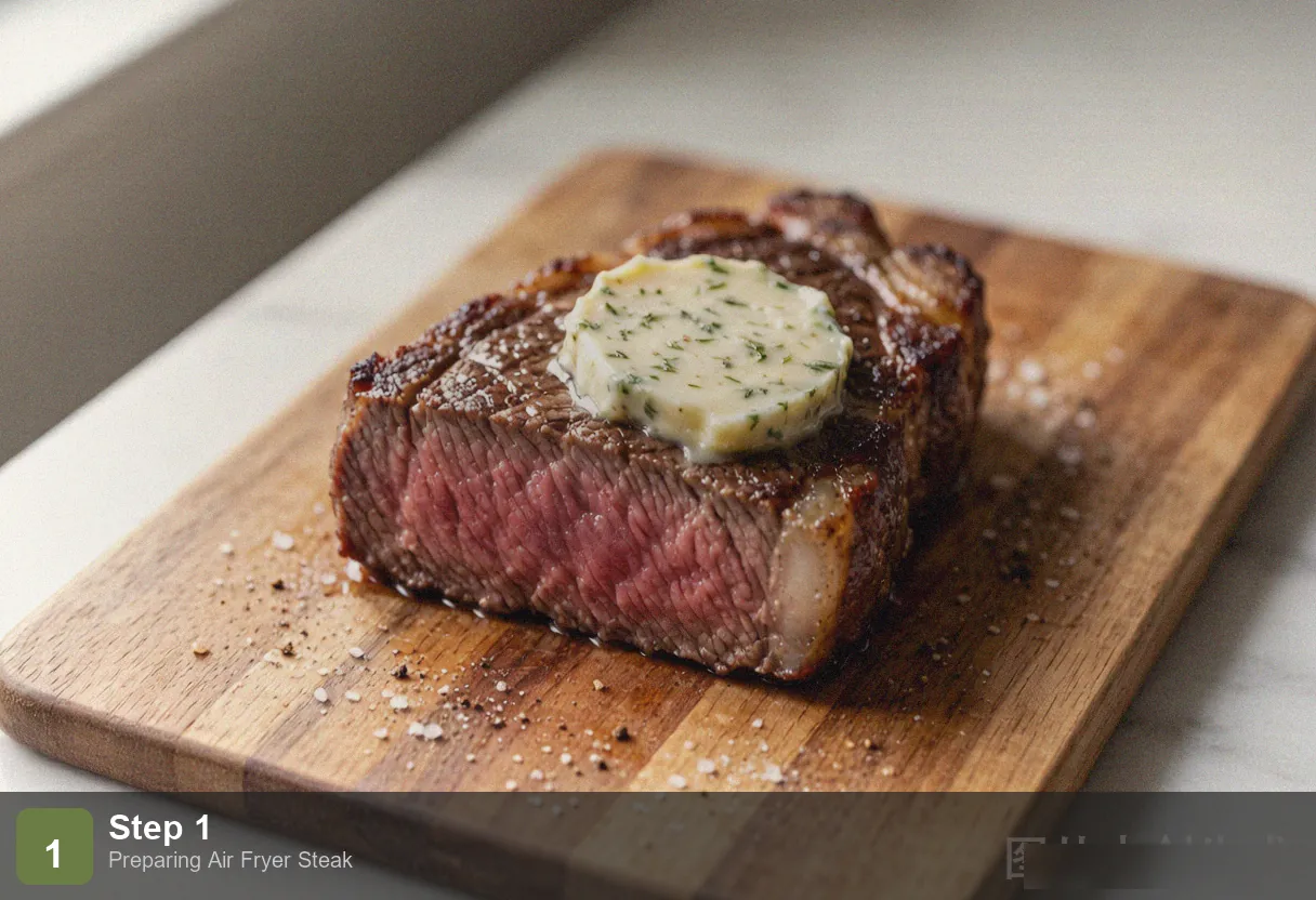 Air fryer steak step 1: raw steak at room temperature, seasoned with salt and pepper, brushed with olive oil on cutting board Air fryer steak step 1: raw steak at room temperature, seasoned with salt and pepper, brushed with olive oil on cutting board