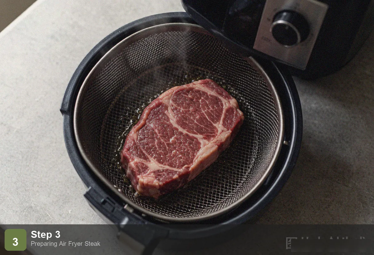 Air fryer steak step 3: raw steak placed in the hot air fryer basket, starting to sizzle Air fryer steak step 3: raw steak placed in the hot air fryer basket, starting to sizzle