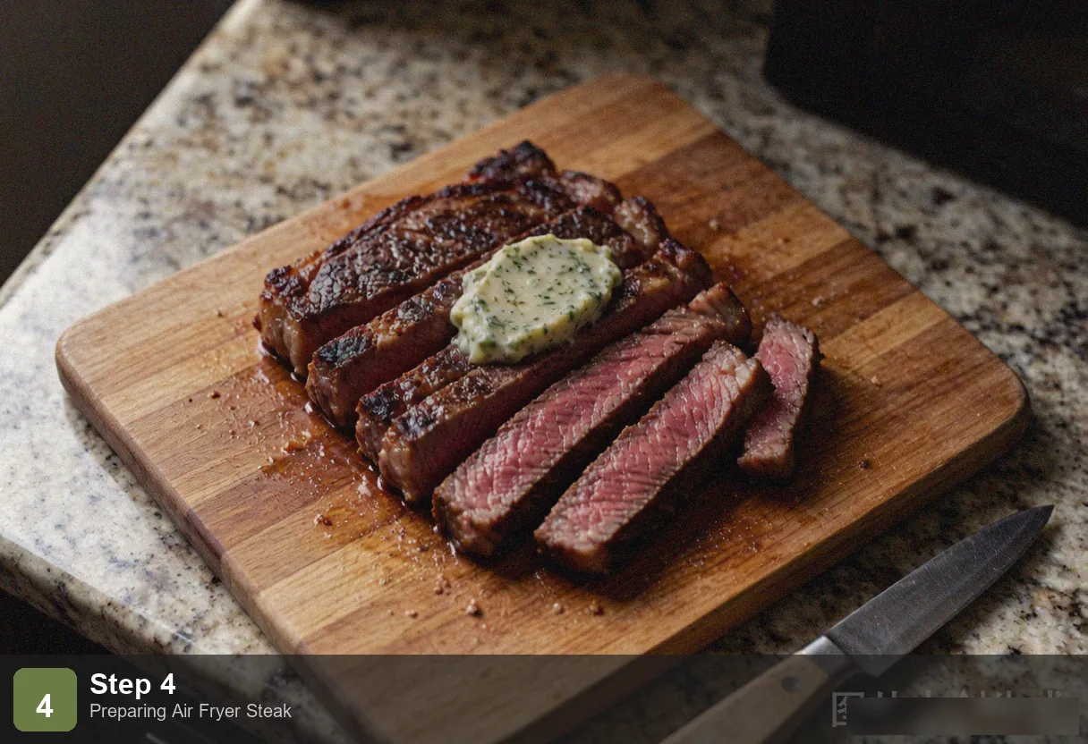 Air fryer steak step 4: steak being flipped in the air fryer basket with tongs, showing caramelized brown crust Air fryer steak step 4: steak being flipped in the air fryer basket with tongs, showing caramelized brown crust