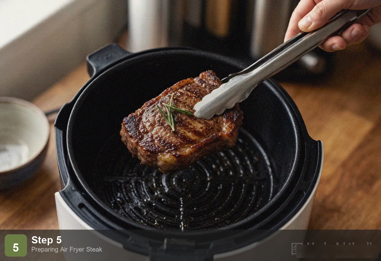 Air fryer steak step 5: sliced steak on a wooden board showing perfect medium-rare pink center, topped with herb butter Air fryer steak step 5: sliced steak on a wooden board showing perfect medium-rare pink center, topped with herb butter