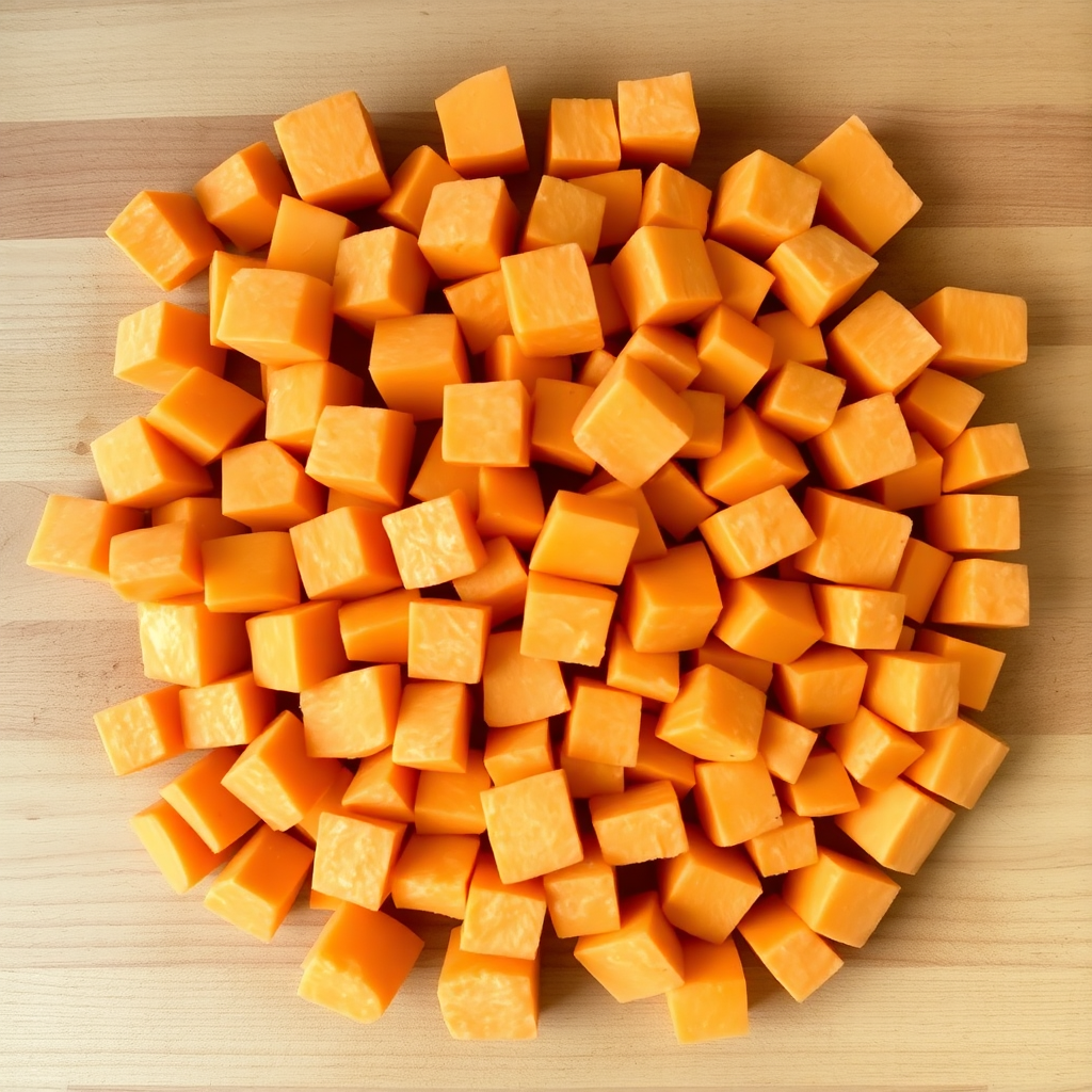 Air fryer sweet potato cubes step 1: raw sweet potatoes diced into 2cm cubes on a cutting board Diced sweet potatoes