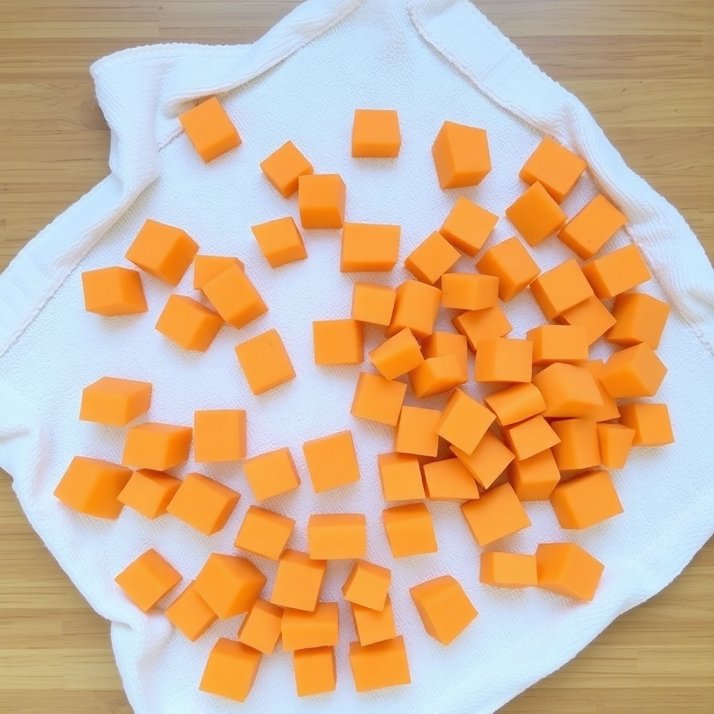 Air fryer sweet potato cubes step 2: diced sweet potatoes coated with olive oil and seasonings in a bowl Seasoned sweet potato cubes