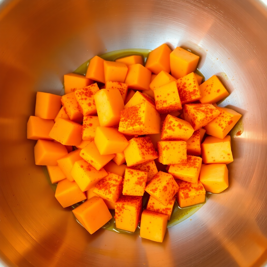 Air fryer sweet potato cubes step 3: seasoned sweet potato cubes in single layer in air fryer basket, not overlapping Sweet potato in air fryer basket