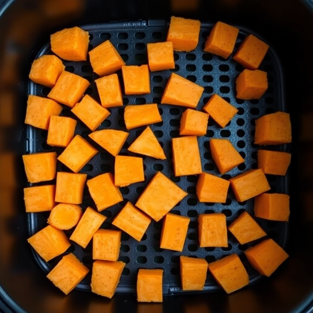 Air fryer sweet potato cubes step 4: sweet potato cubes turning golden and caramelized in air fryer basket halfway through cooking Sweet potatoes cooking golden