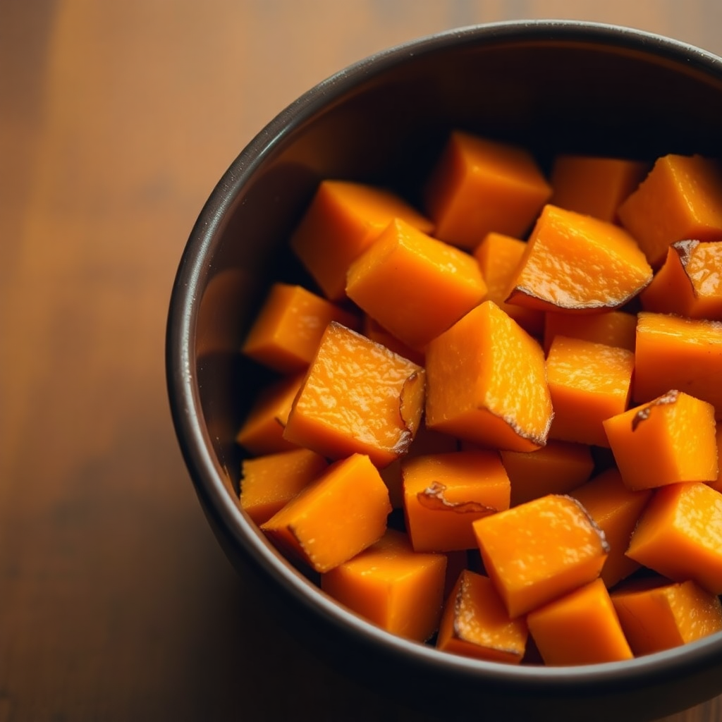 Air fryer sweet potato cubes step 5: golden caramelized sweet potato cubes plated with sea salt sprinkle Plated sweet potato cubes