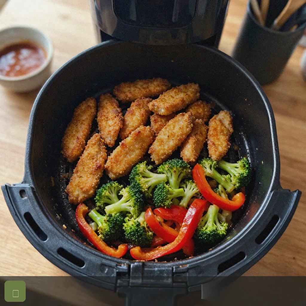 Air fryer weeknight dinner step 4: chicken and veg in basket