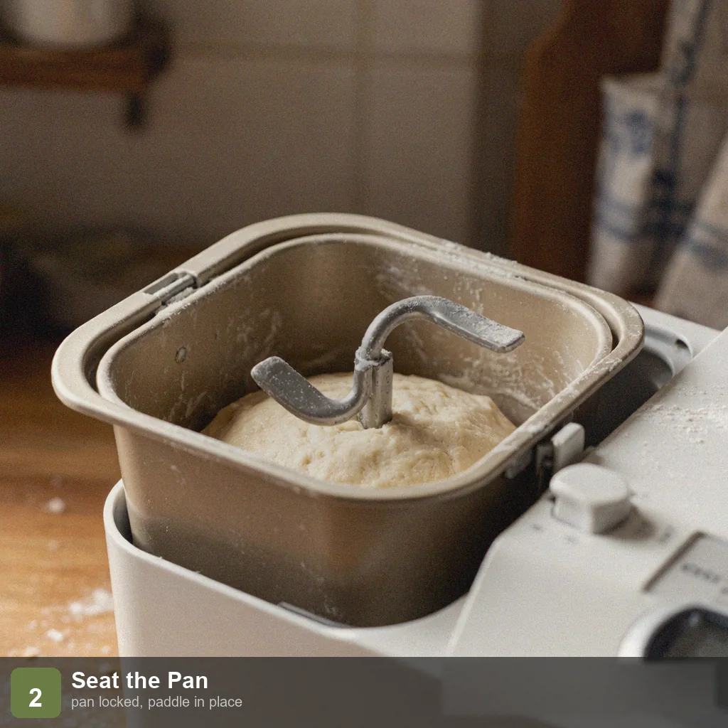 Bread machine 2 hour bread step 2: pan seated in the machine, kneading paddle clicked into place