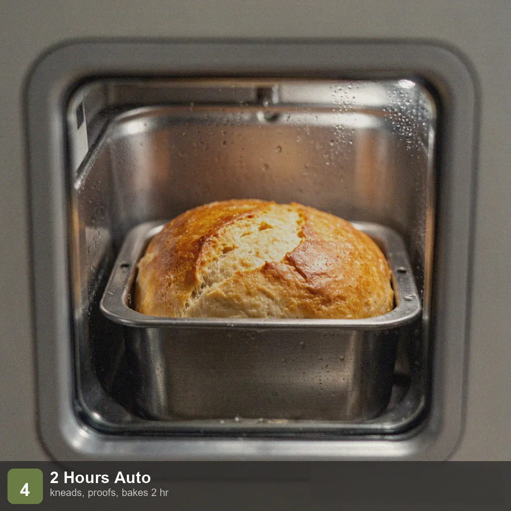Bread machine 2 hour bread step 4: loaf baking through the window, golden and risen, near end of the 2-hour cycle