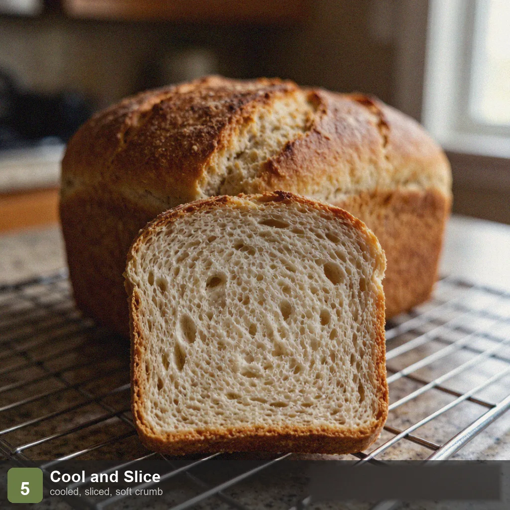 Bread machine 2 hour bread step 5: finished loaf cooled on a rack, sliced to show soft even crumb