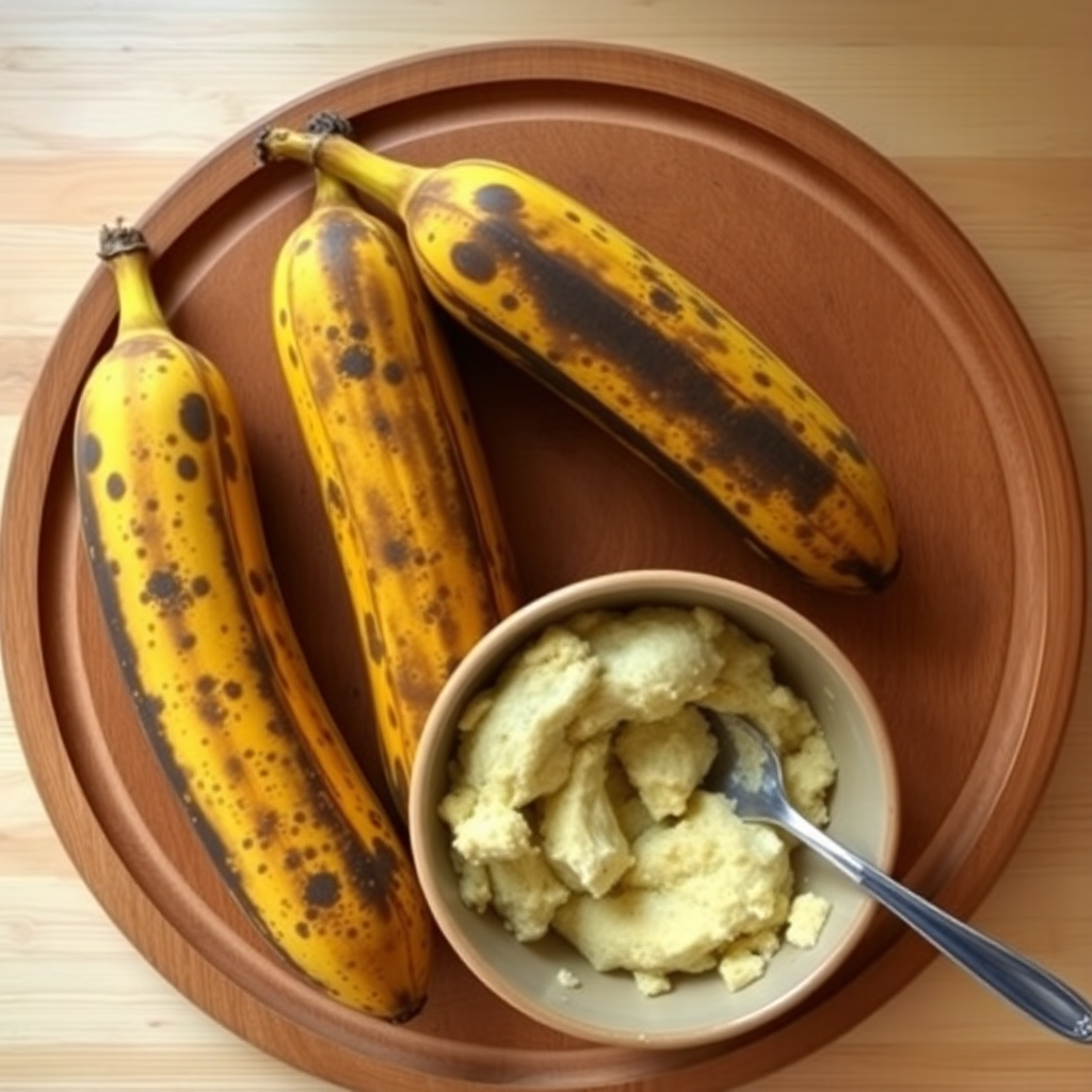Bread machine banana bread step 1: ripe bananas being mashed with a fork in a bowl, eggs and butter being mixed in Bread machine banana bread step 1: ripe bananas being mashed with a fork in a bowl, eggs and butter being mixed in