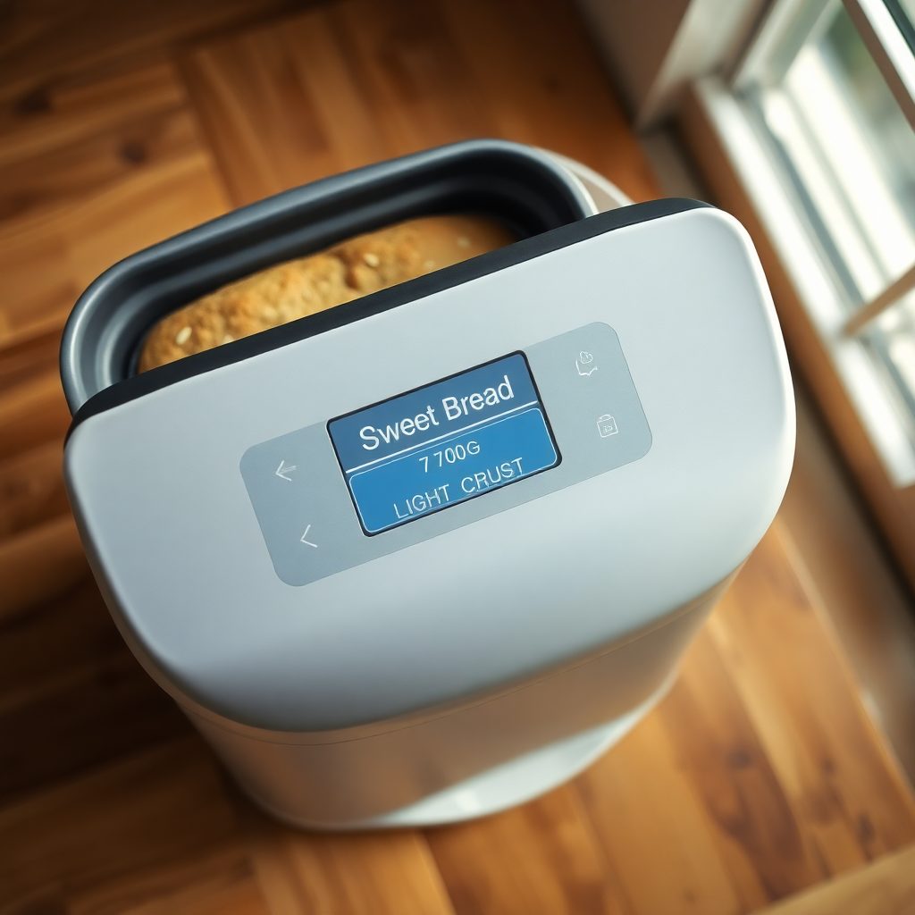 Bread machine banana bread step 4: bread machine display showing quick bread setting, start button pressed