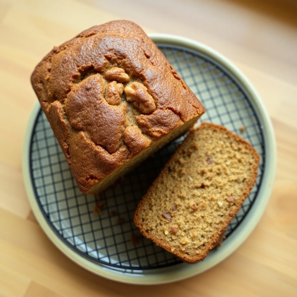 Bread machine banana bread step 5: loaf removed from pan and sliced on a board, moist crumb with walnut pieces visible