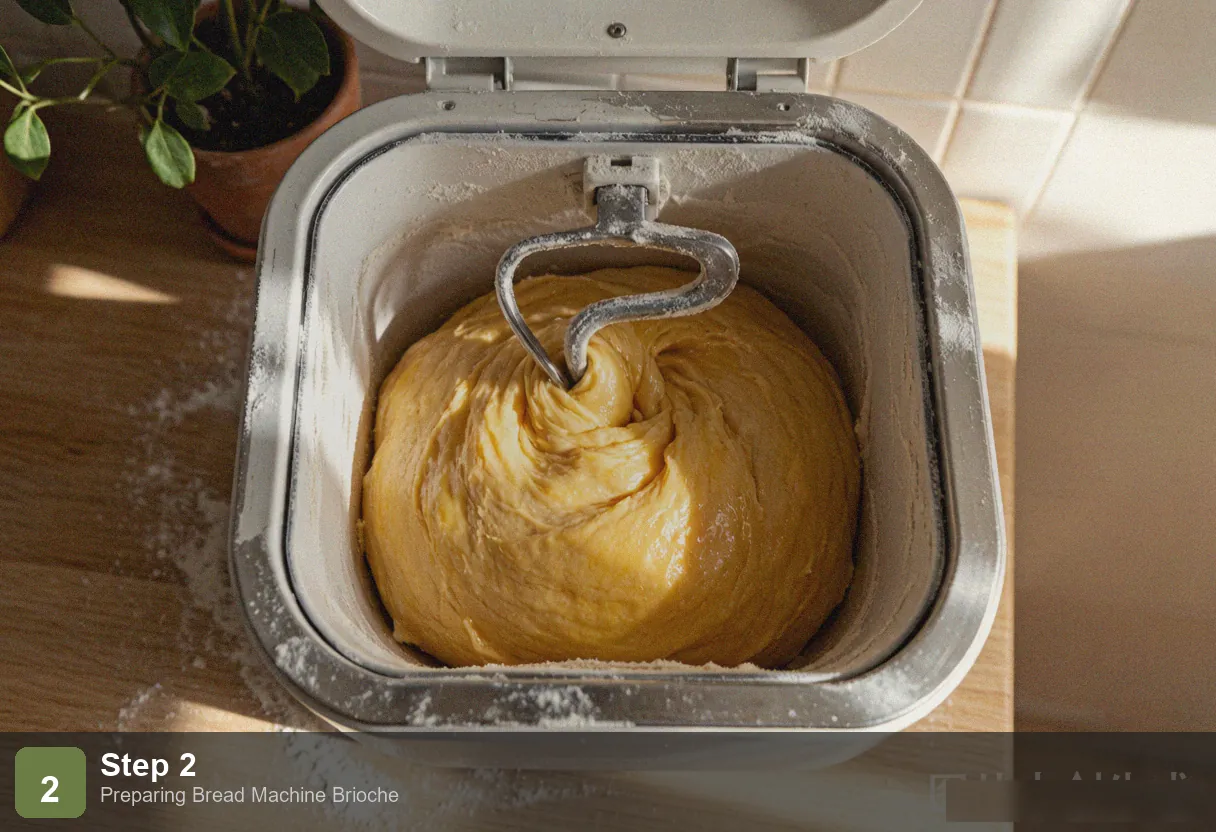 Bread machine brioche step 2: sticky brioche dough transitioning from wet shaggy mass to smooth elastic ball during kneading Bread machine brioche step 2: sticky brioche dough transitioning from wet shaggy mass to smooth elastic ball during kneading