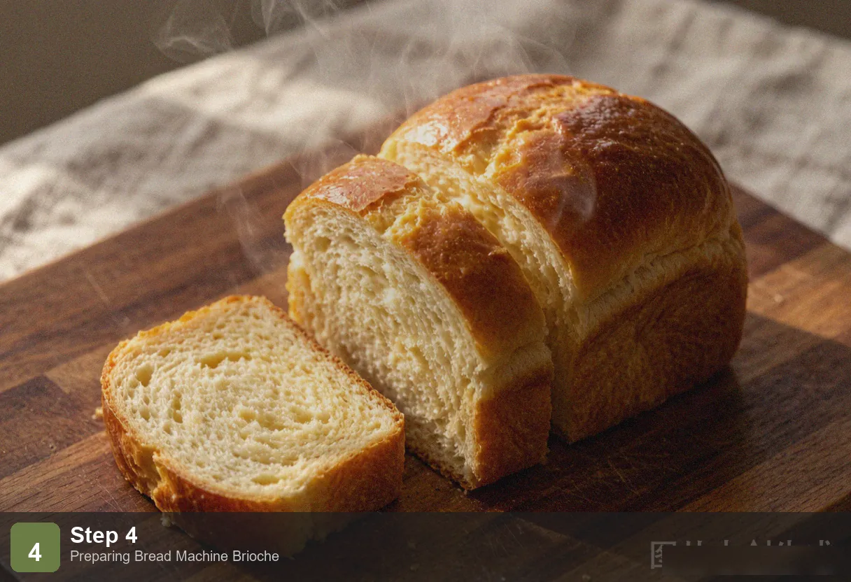 Bread machine brioche step 4: brioche baking in bread machine, golden brown top visible through window Bread machine brioche step 4: brioche baking in bread machine, golden brown top visible through window