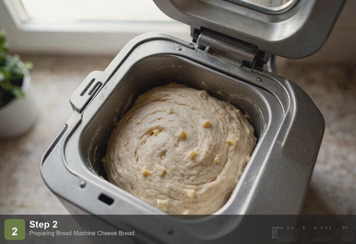 Bread machine cheese bread step 2: shredded cheddar cheese being added to dough during kneading cycle, incorporating into elastic dough