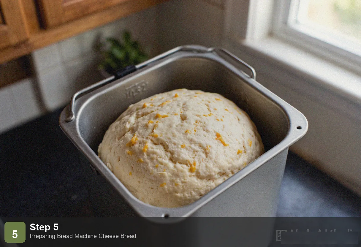Bread machine cheese bread step 5: finished loaf with golden parmesan crust, sliced to show cheddar distributed throughout the crumb