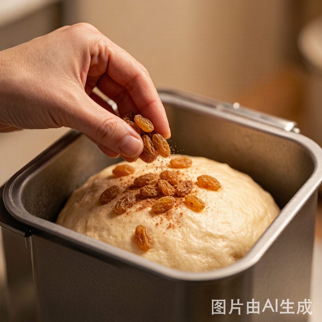 Bread machine cinnamon raisin bread step 3: raisins and cinnamon being added to the dough during the kneading cycle, beep signal Bread machine cinnamon raisin bread step 3: raisins and cinnamon being added to the dough during the kneading cycle, beep signal